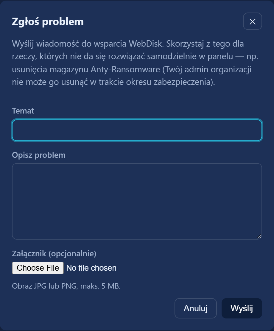 Okno „Zgłoś problem”
