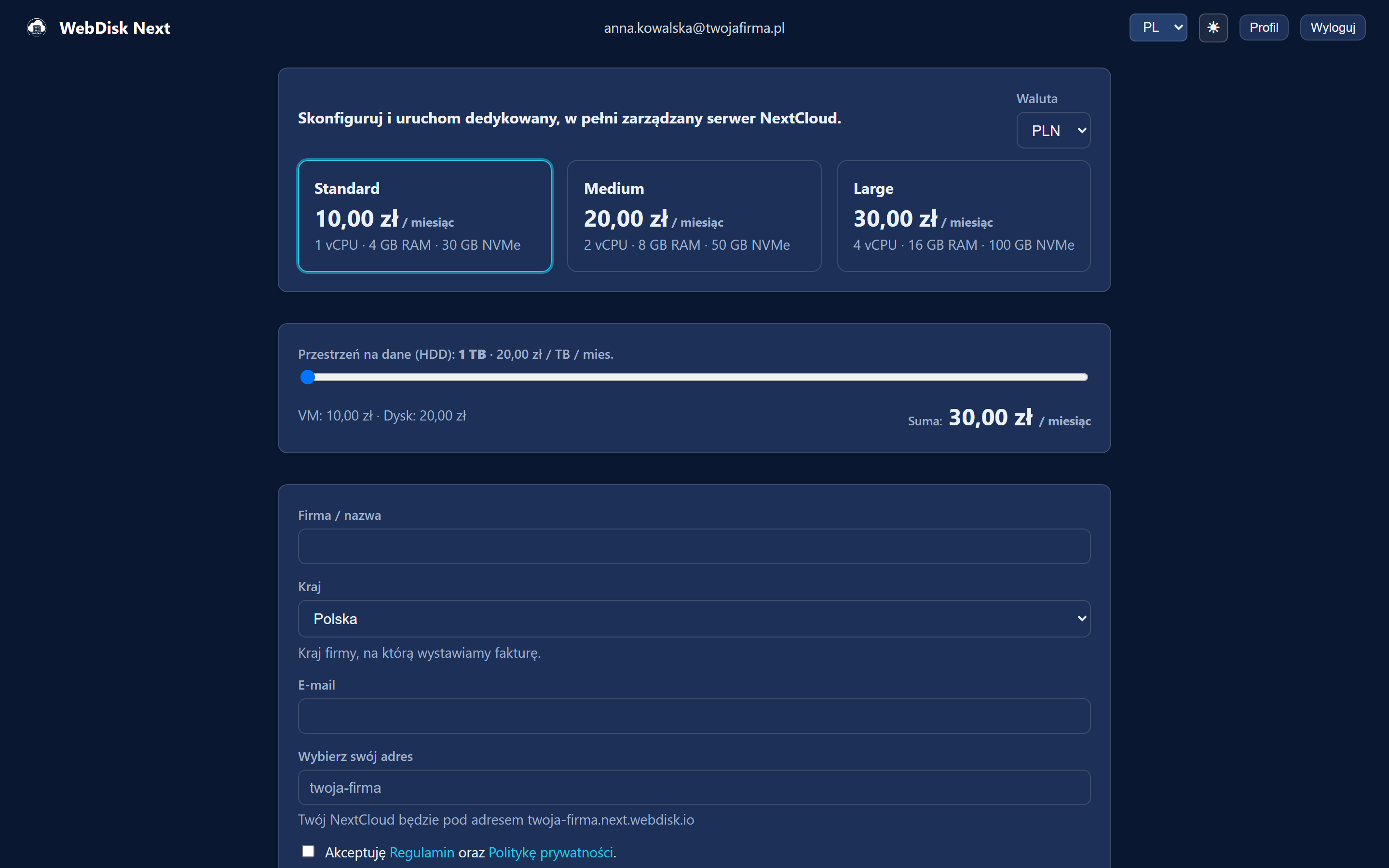 Dół formularza zamówienia — waluta, e-mail, dane do faktury i zgody
