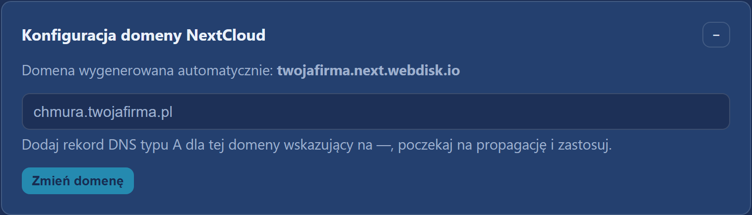 Sekcja „Konfiguracja domeny NextCloud” — adres IP do rekordu A i pole na domenę