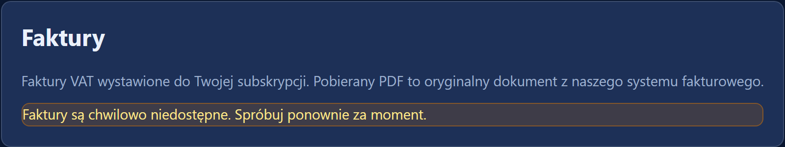 Karta „Faktury” — lista faktur VAT z przyciskiem „Pobierz PDF”