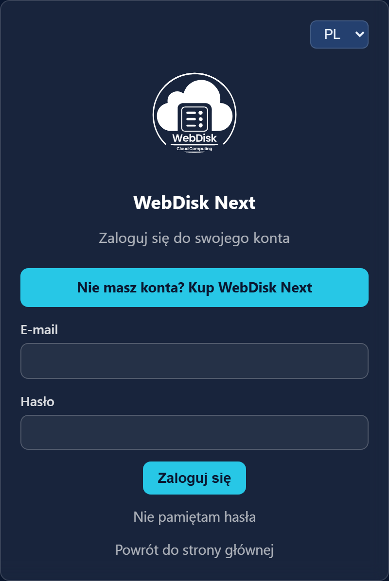 Ekran logowania do panelu WebDisk Next — pola e-mail i hasło