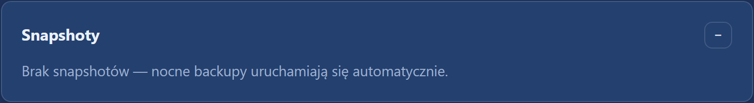 Sekcja „Snapshoty” — lista kopii z datą, statusem i przyciskiem „Przywróć”