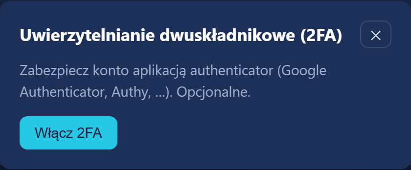 Okno włączania logowania dwuetapowego w WebDisk Send