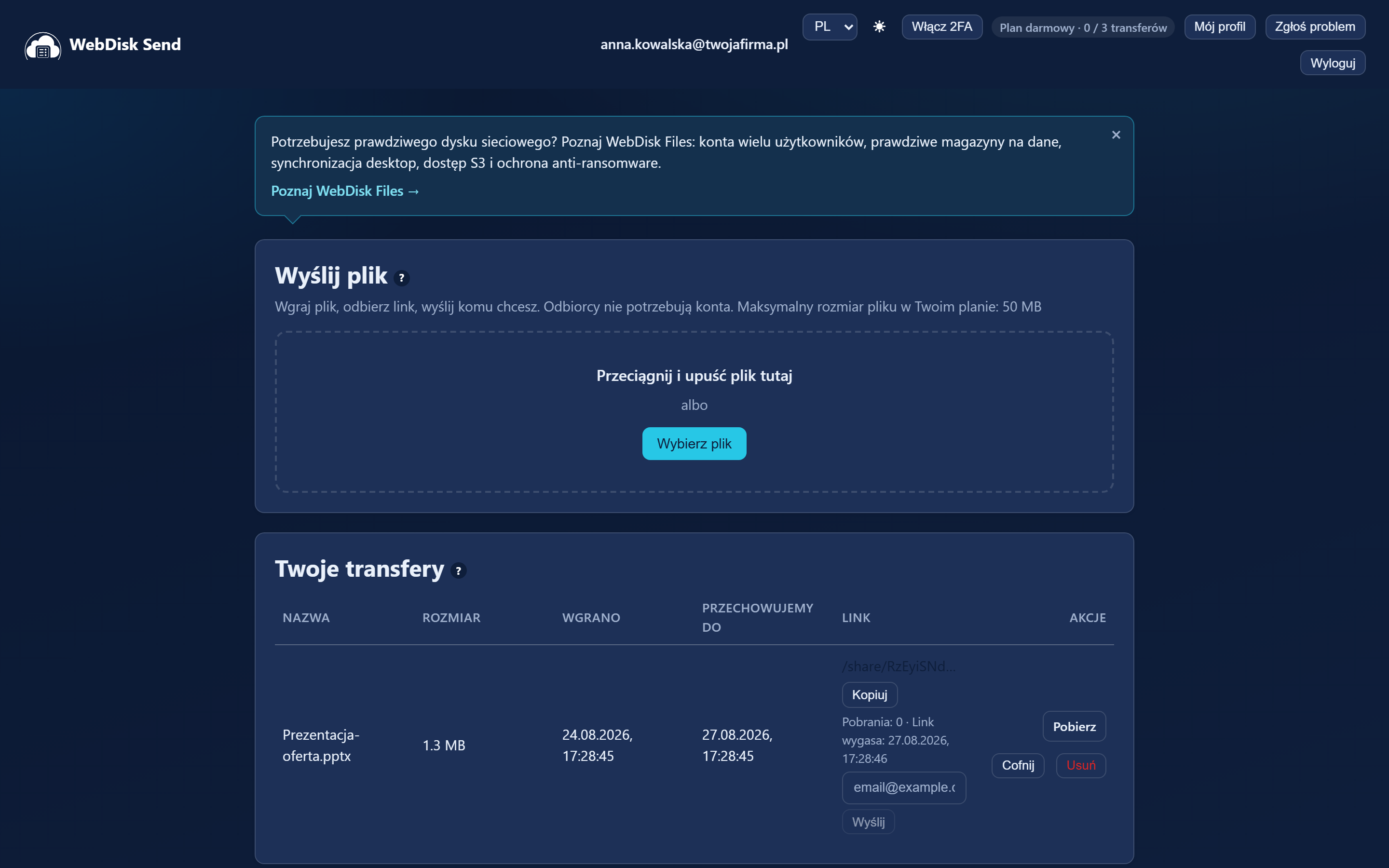 Panel WebDisk Send po zalogowaniu z kartami Wyślij plik, Twoje transfery, Subskrypcja i Faktury