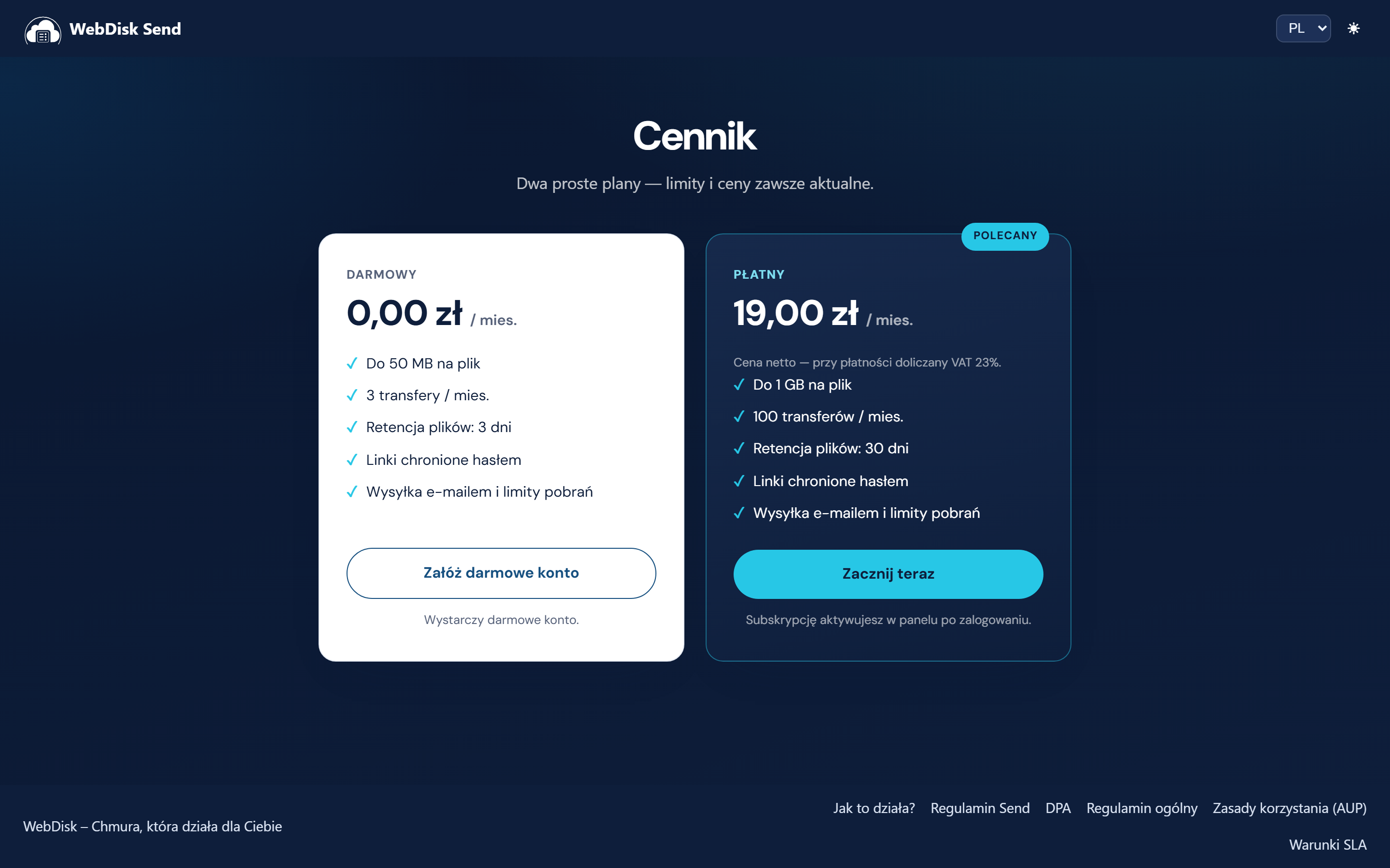 Publiczna strona cennika WebDisk Send z kartami „Darmowy” i „Płatny”
