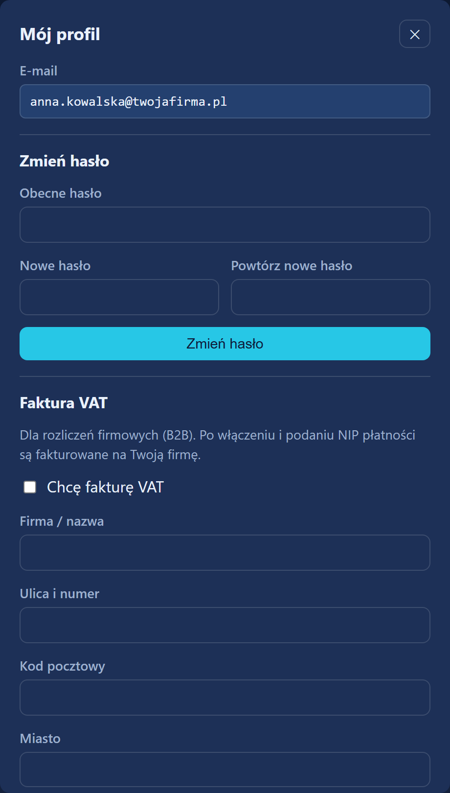 Okno „Mój profil” z sekcjami zmiany hasła, eksportu danych i zamknięcia konta
