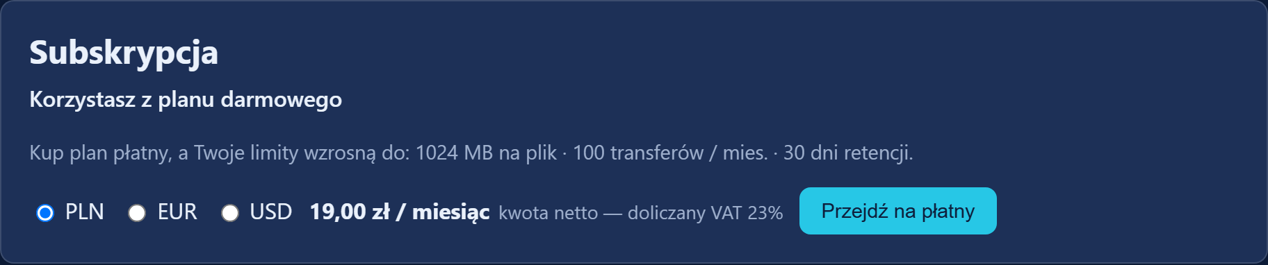 Karta „Subskrypcja” z wyborem waluty i przyciskiem „Przejdź na płatny”