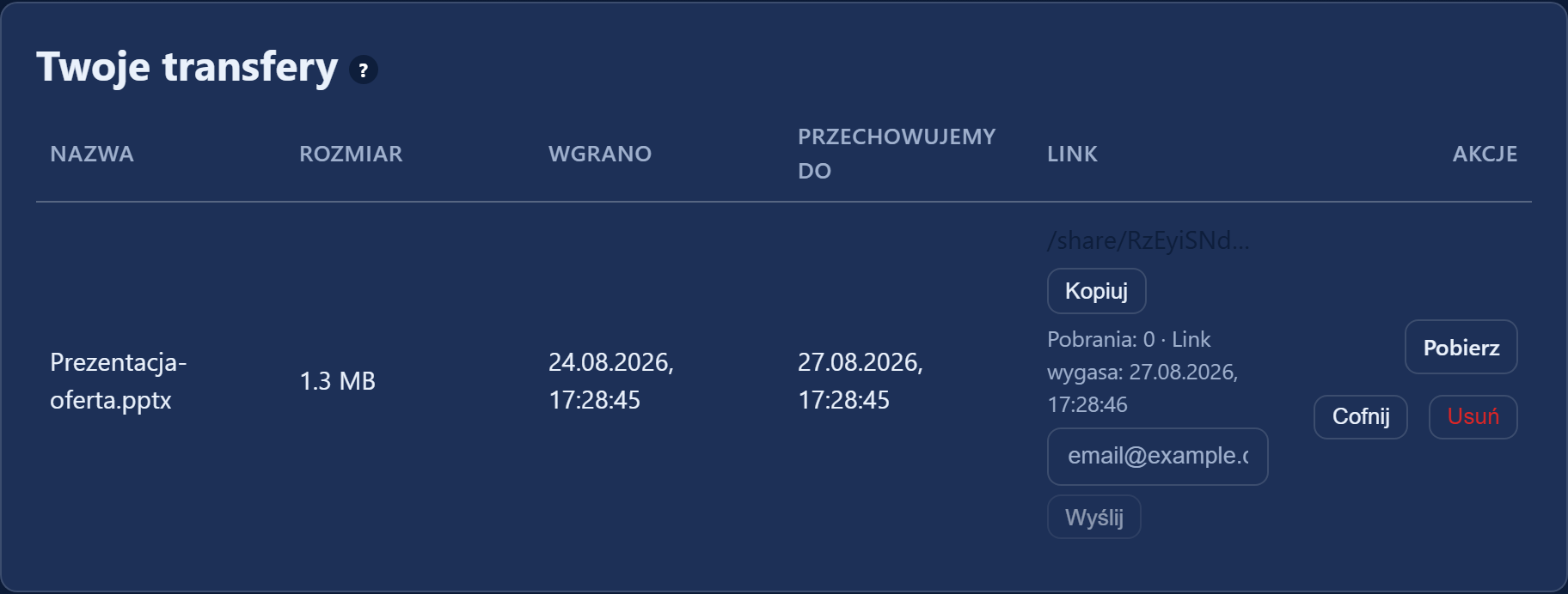 Karta „Twoje transfery” z listą plików, licznikiem pobrań i datami