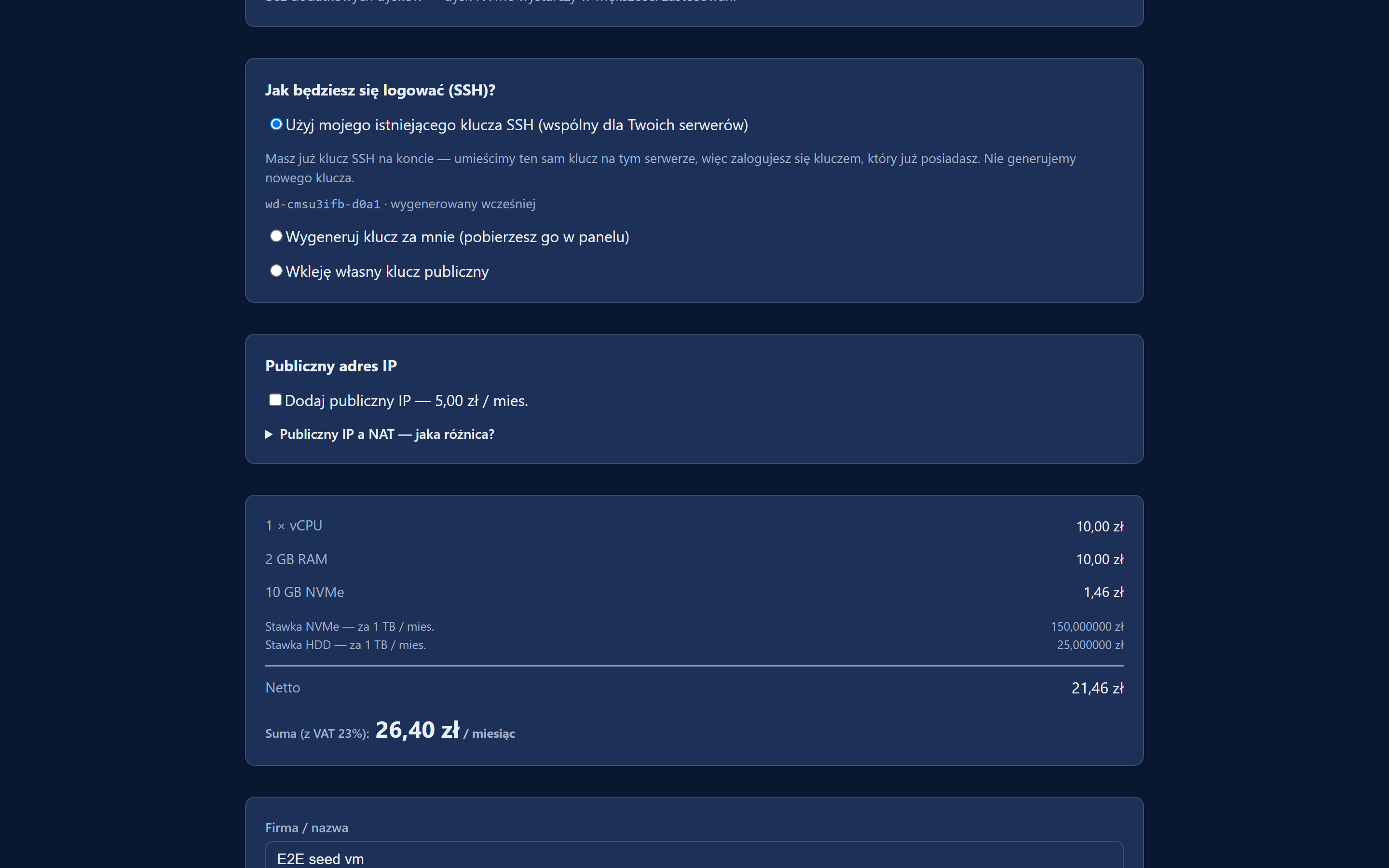 Wybór sposobu logowania SSH oraz opcja publicznego adresu IP w formularzu zamówienia