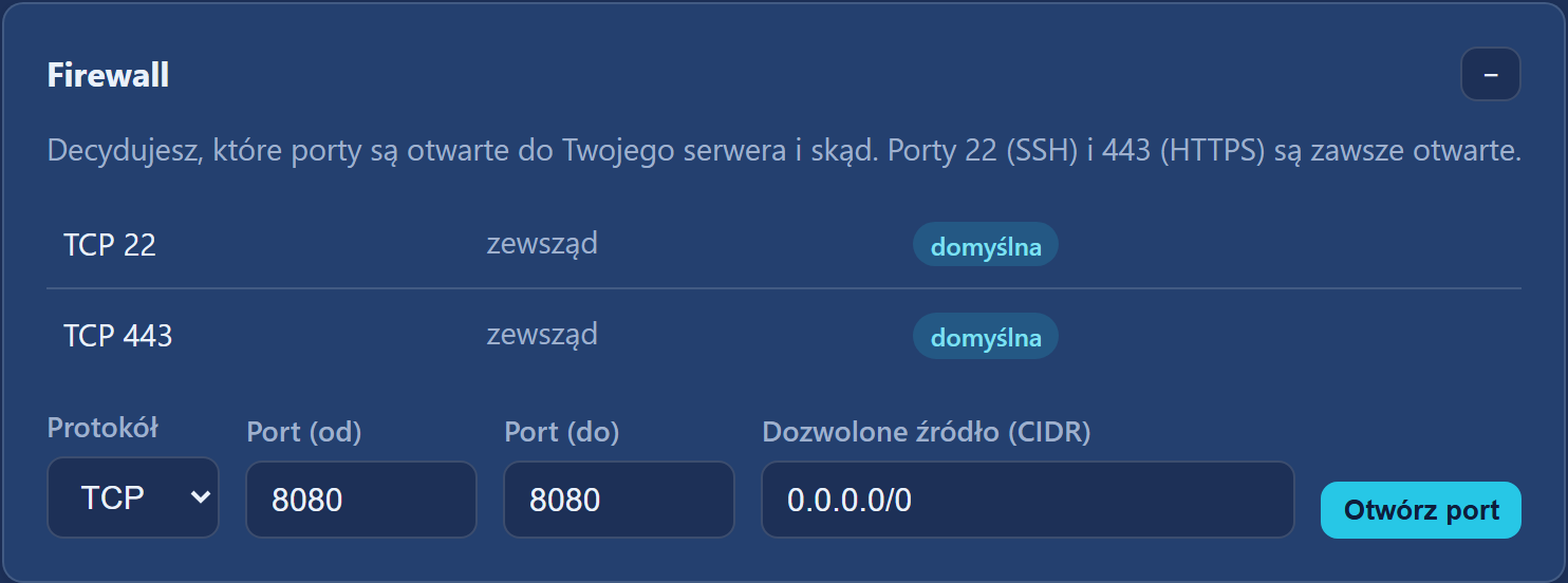 Sekcja „Firewall” z listą reguł i formularzem otwierania portu