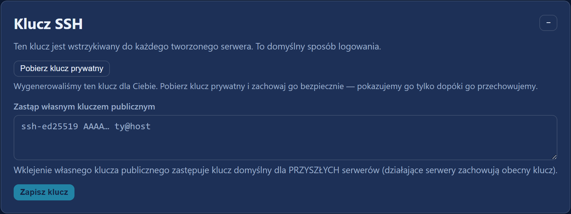 Sekcja „Klucz SSH” z pobieraniem klucza prywatnego i polem na własny klucz publiczny