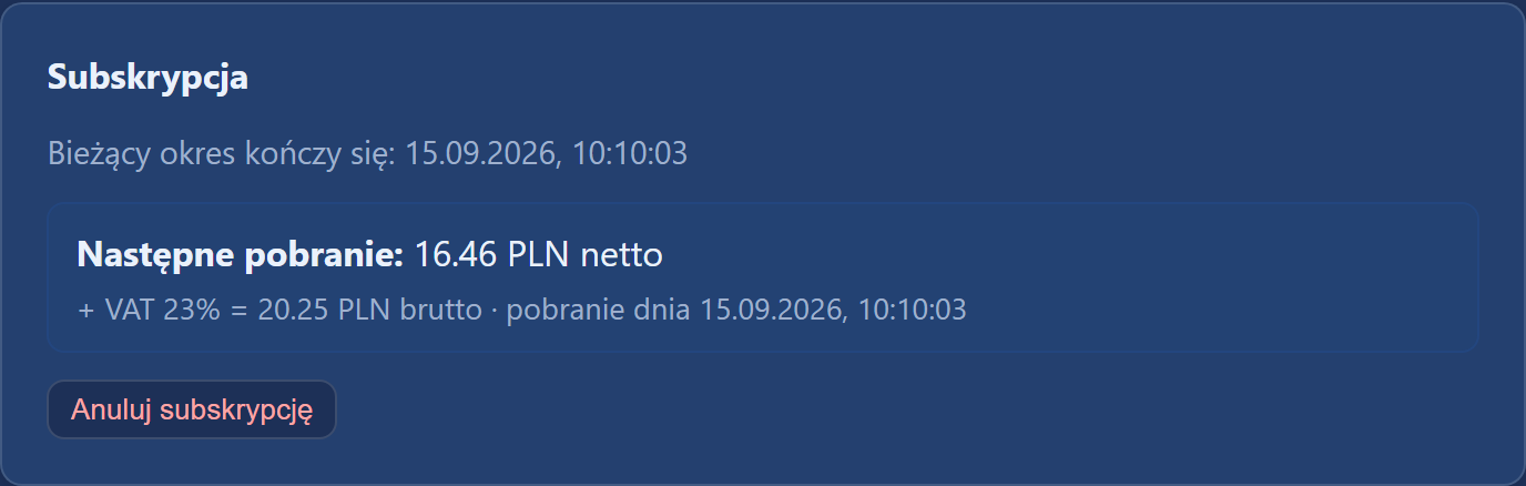 Sekcja „Subskrypcja” z datą końca okresu i przyciskiem anulowania